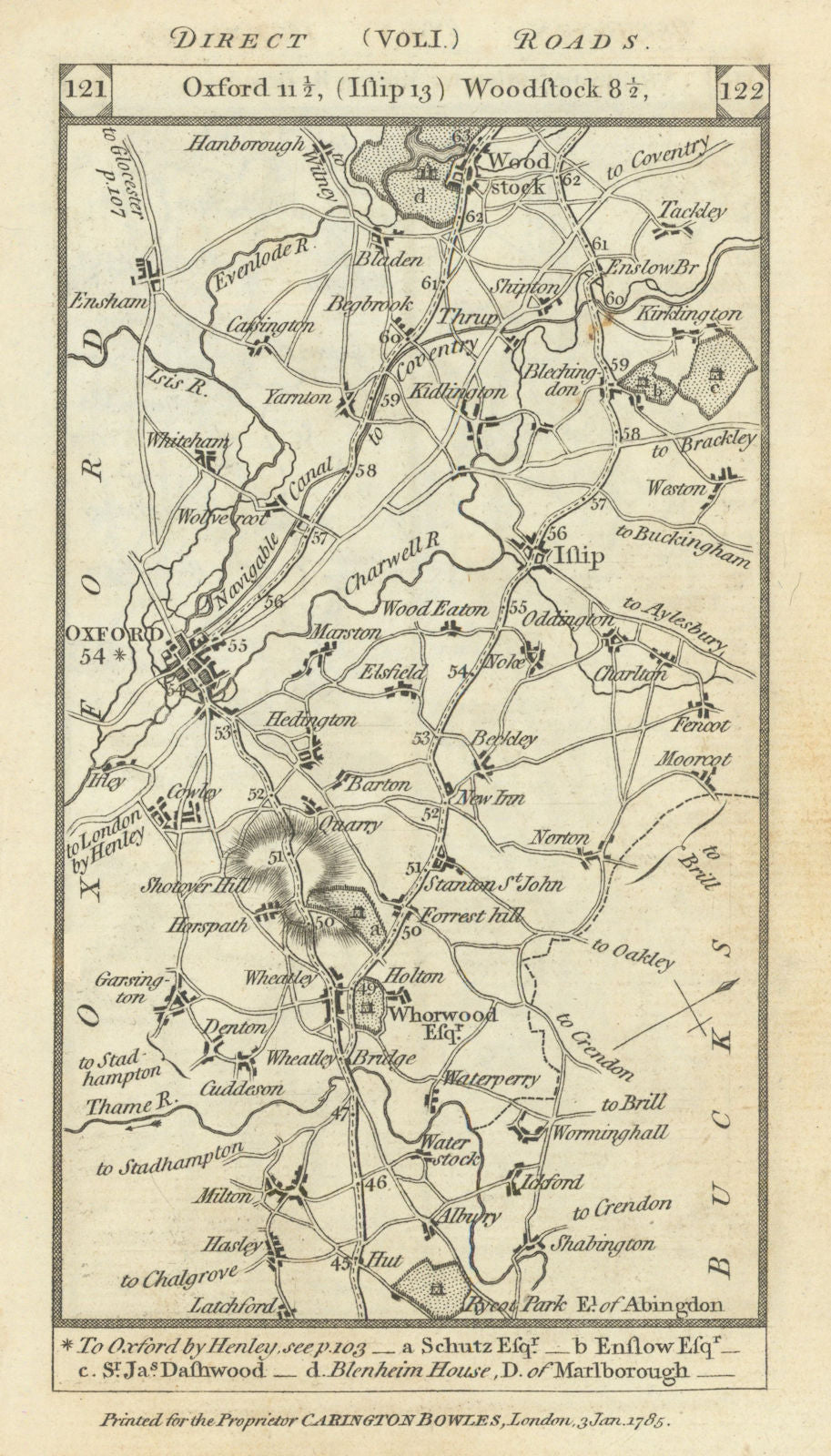 Wheatley - Oxford - Islip - Woodstock road strip map PATERSON 1785 old